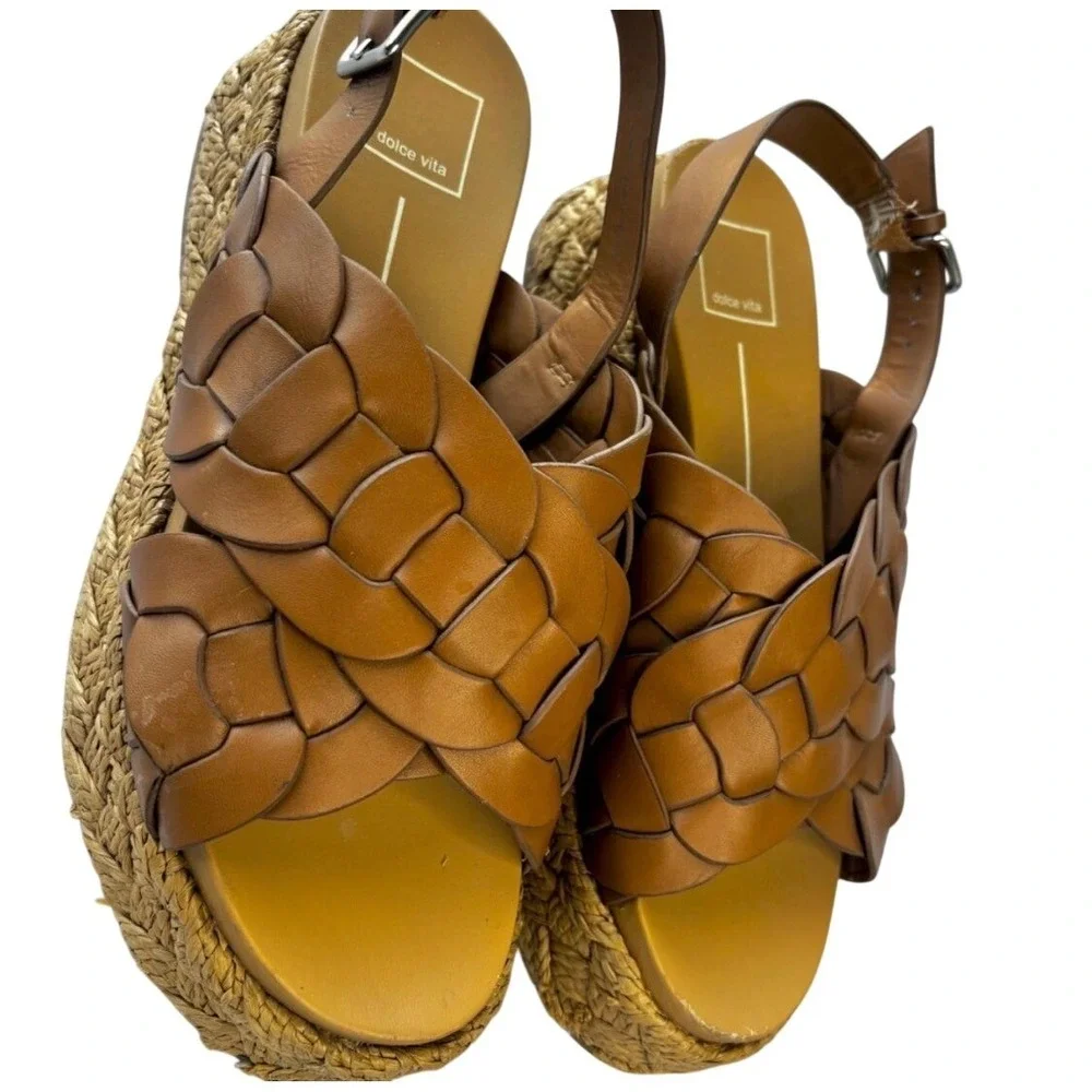 Dolce‎ Vita Braided Leather Platform Espadrille Sandals Brown Womens 8 Slingback